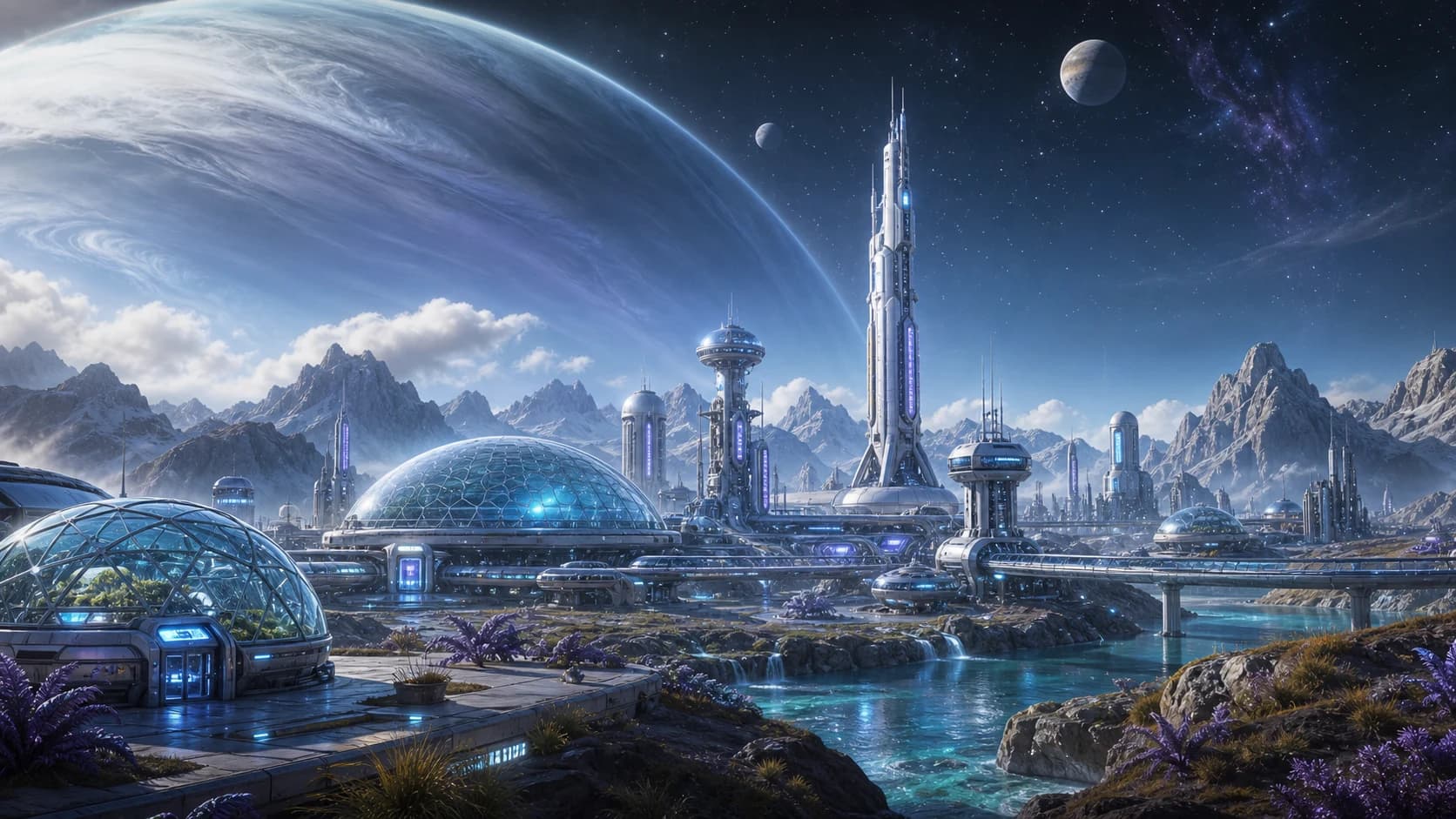 Bright Alpha-7 research colony under a pale stardust atmosphere.